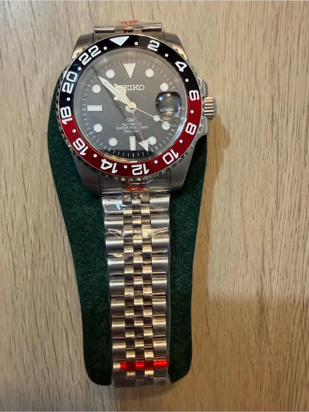Seiko mod Men's Stainless Steel GMT Watch with Black and Red Bezel